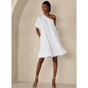 BANANA REPUBLIC White Linen One Shoulder Odile Trapeze A Line Dress Extra Small